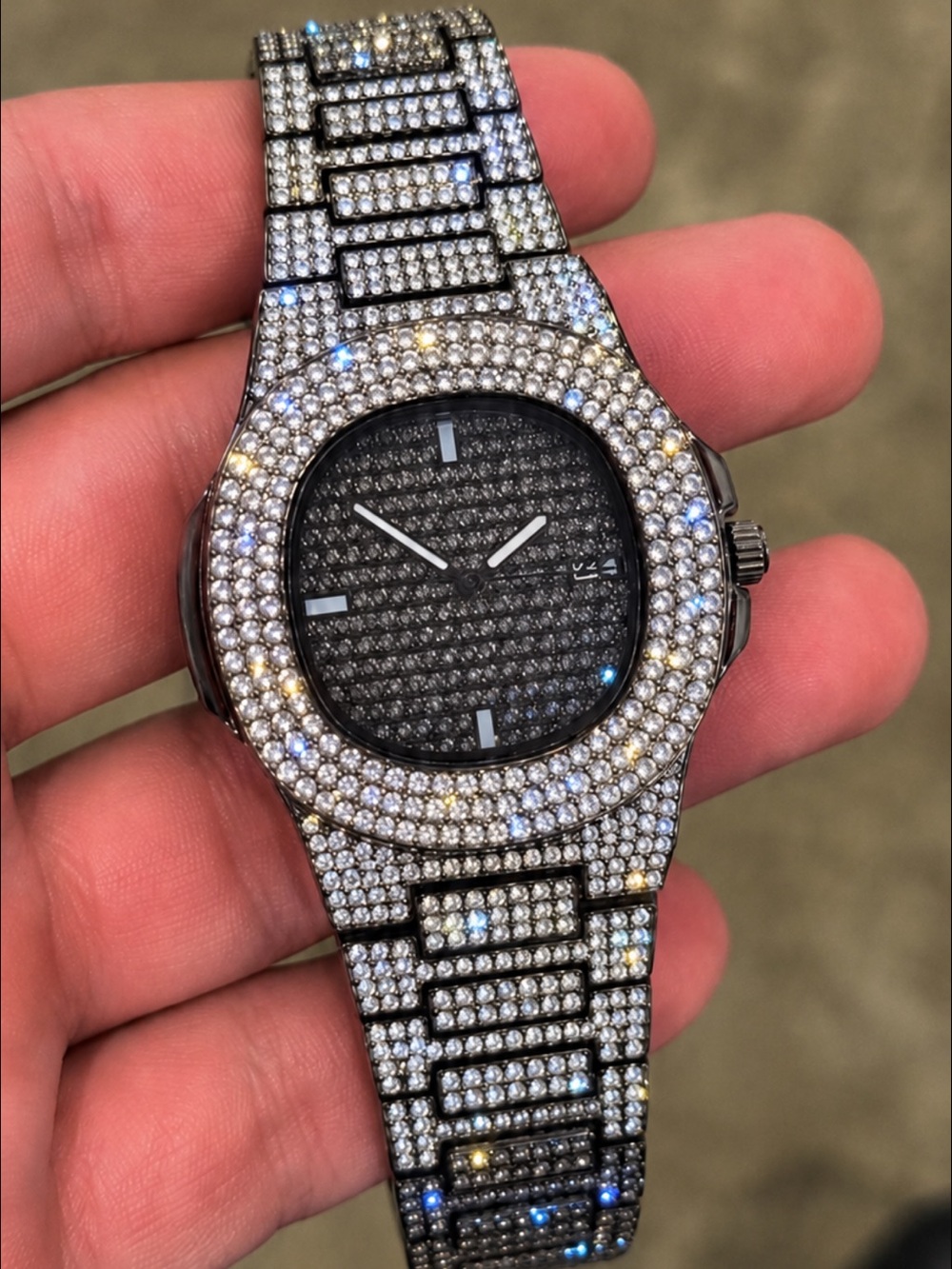 Two Tone Iced Out Simulated Diamond Watch VVS Stainless Steel BustDown Black